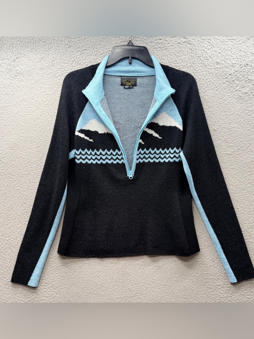 Icelandic Design Navy Blue Art-to-Wear Zip-Up Cardigan Sweater 100% Wool Size L - Picture 7 of 11